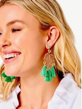 Lilly Pulitzer Sea Dreamer Rose Gold Filigree Earrings with Green Tassels